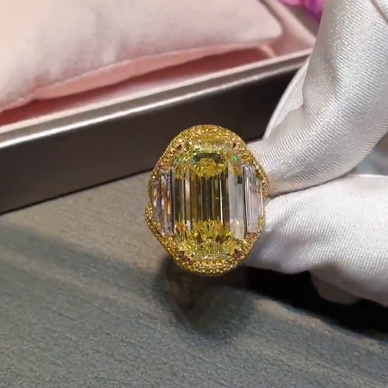 15ct Emerald Cut Yellow Sapphire Halo Yellow Gold Handmade Engagement Ring