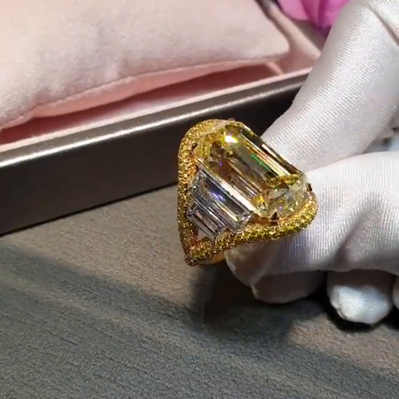 15ct Emerald Cut Yellow Sapphire Halo Yellow Gold Handmade Engagement Ring