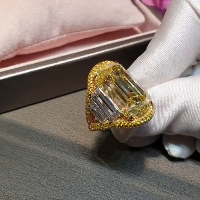 15ct Emerald Cut Yellow Sapphire Halo Yellow Gold Handmade Engagement Ring