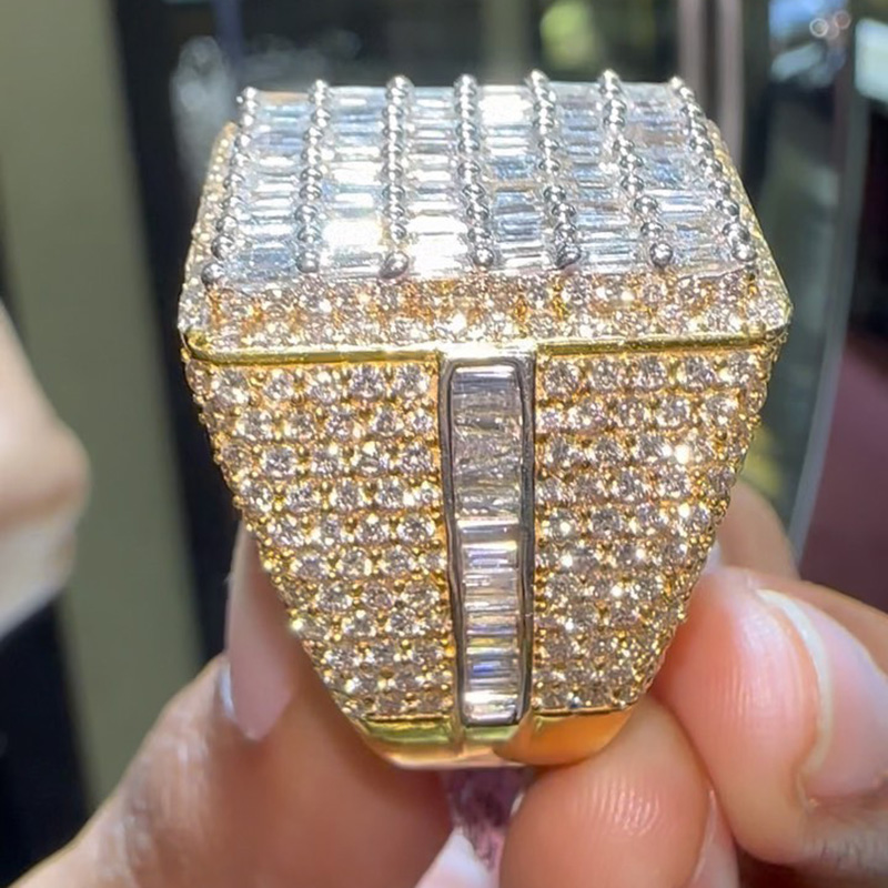 6.2ctw Baguette Cut White Sapphire Yellow Gold Pave Set Handmade Men's Ring