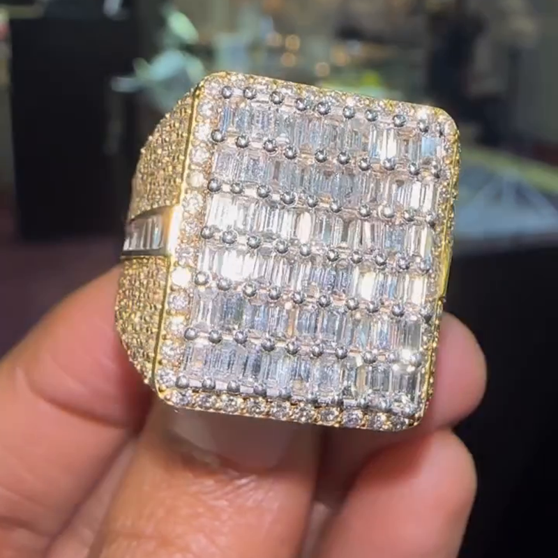 6.2ctw Baguette Cut White Sapphire Yellow Gold Pave Set Handmade Men's Ring