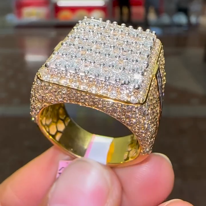 6.2ctw Baguette Cut White Sapphire Yellow Gold Pave Set Handmade Men's Ring