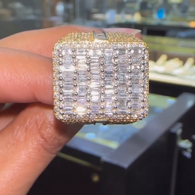 6.2ctw Baguette Cut White Sapphire Yellow Gold Pave Set Handmade Men's Ring