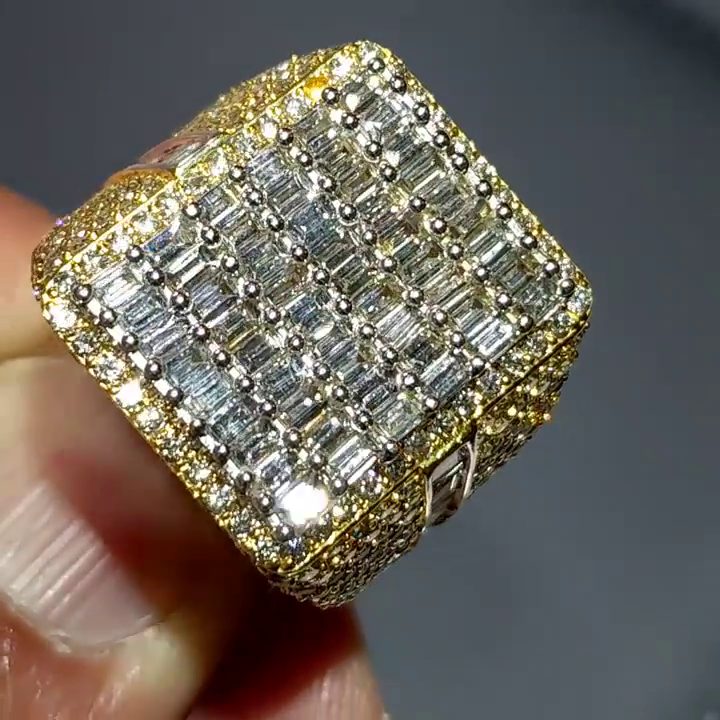 6.2ctw Baguette Cut White Sapphire Yellow Gold Pave Set Handmade Men's Ring