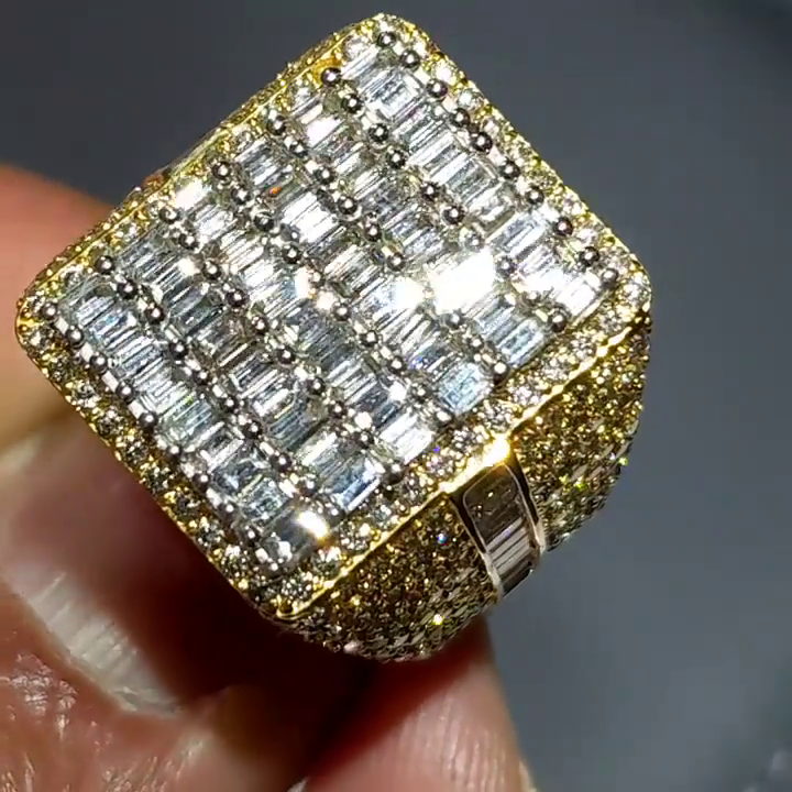 6.2ctw Baguette Cut White Sapphire Yellow Gold Pave Set Handmade Men's Ring