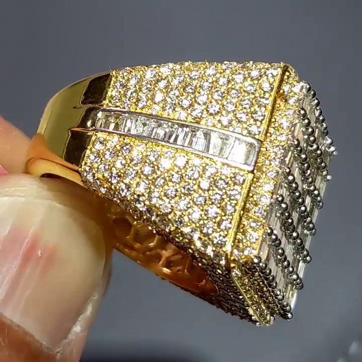 6.2ctw Baguette Cut White Sapphire Yellow Gold Pave Set Handmade Men's Ring