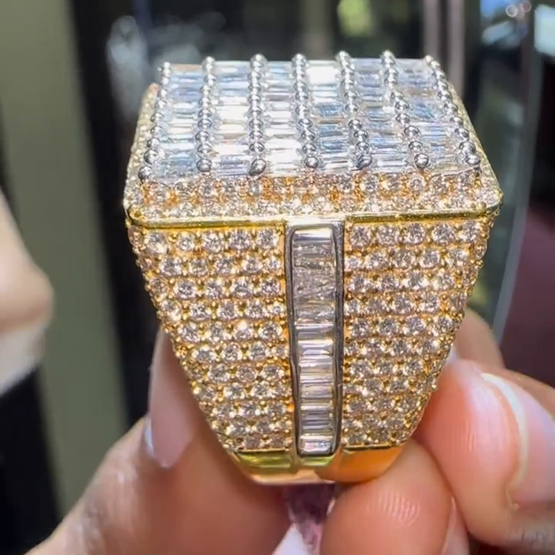 6.2ctw Baguette Cut White Sapphire Yellow Gold Pave Set Handmade Men's Ring