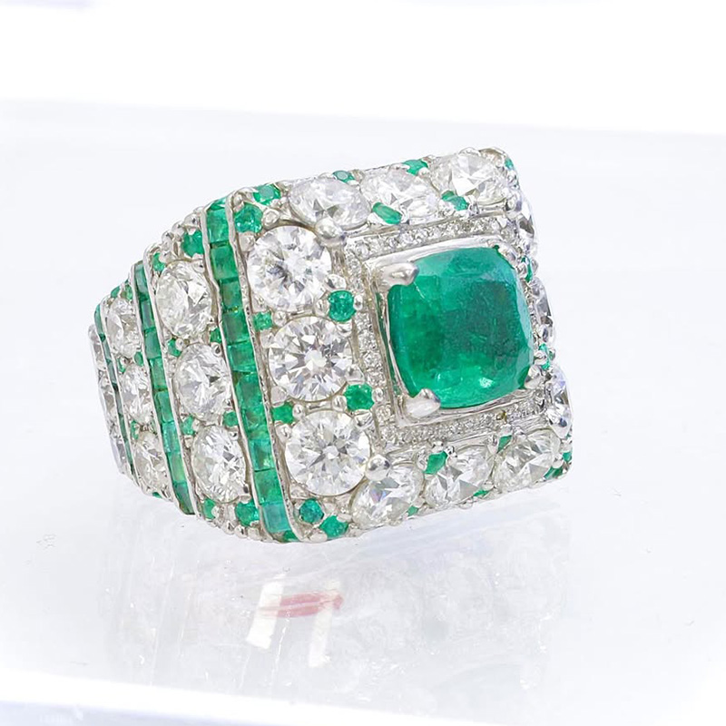 4.5ct Cushion Cut Emerald Green Center Stone Surrounded By Round Cut White Sapphires Luxury Handmade Men's Ring