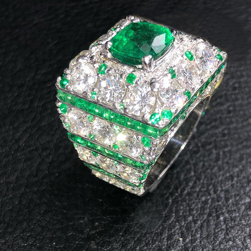 4.5ct Cushion Cut Emerald Green Center Stone Surrounded By Round Cut White Sapphires Luxury Handmade Men's Ring