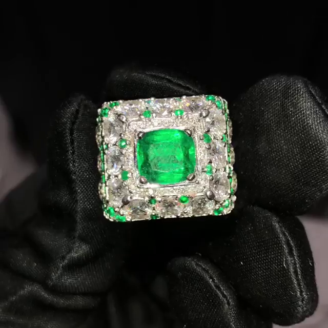 4.5ct Cushion Cut Emerald Green Center Stone Surrounded By Round Cut White Sapphires Luxury Handmade Men's Ring