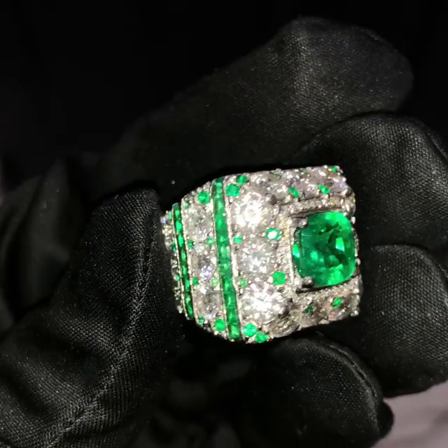 4.5ct Cushion Cut Emerald Green Center Stone Surrounded By Round Cut White Sapphires Luxury Handmade Men's Ring