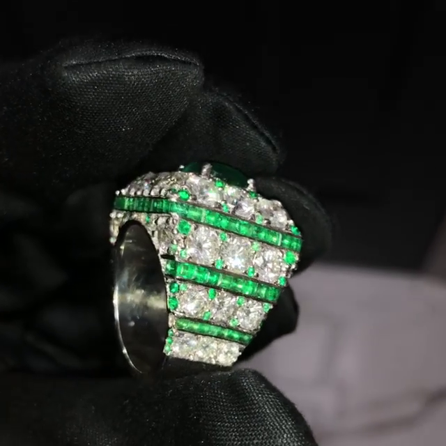 4.5ct Cushion Cut Emerald Green Center Stone Surrounded By Round Cut White Sapphires Luxury Handmade Men's Ring