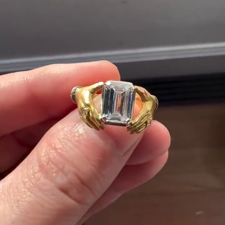 6ct Emerald Cut White Sapphire Bezel Set Adorned Hands Yellow Gold Handmade Vintage Promise Ring