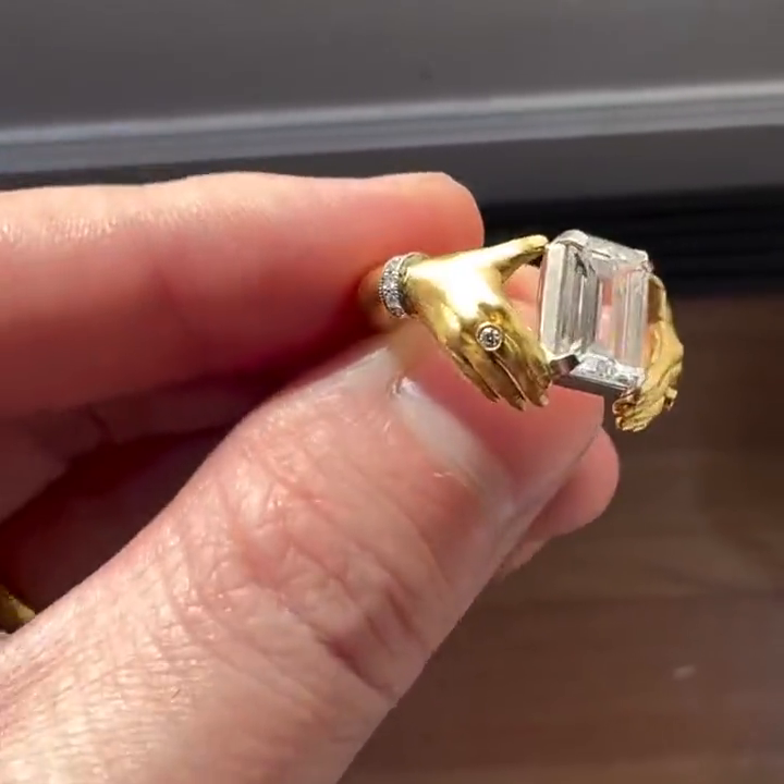 6ct Emerald Cut White Sapphire Bezel Set Adorned Hands Yellow Gold Handmade Vintage Promise Ring