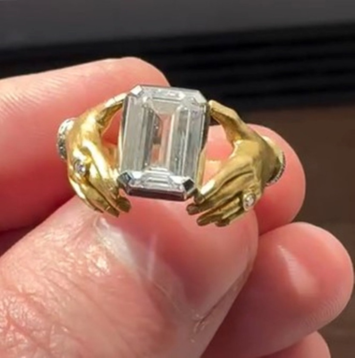 6ct Emerald Cut White Sapphire Bezel Set Adorned Hands Yellow Gold Handmade Vintage Promise Ring