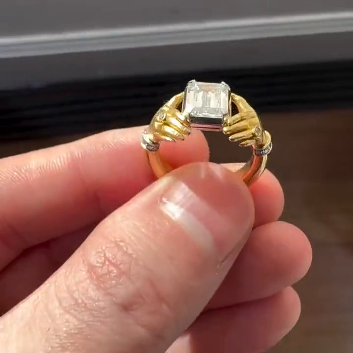 6ct Emerald Cut White Sapphire Bezel Set Adorned Hands Yellow Gold Handmade Vintage Promise Ring