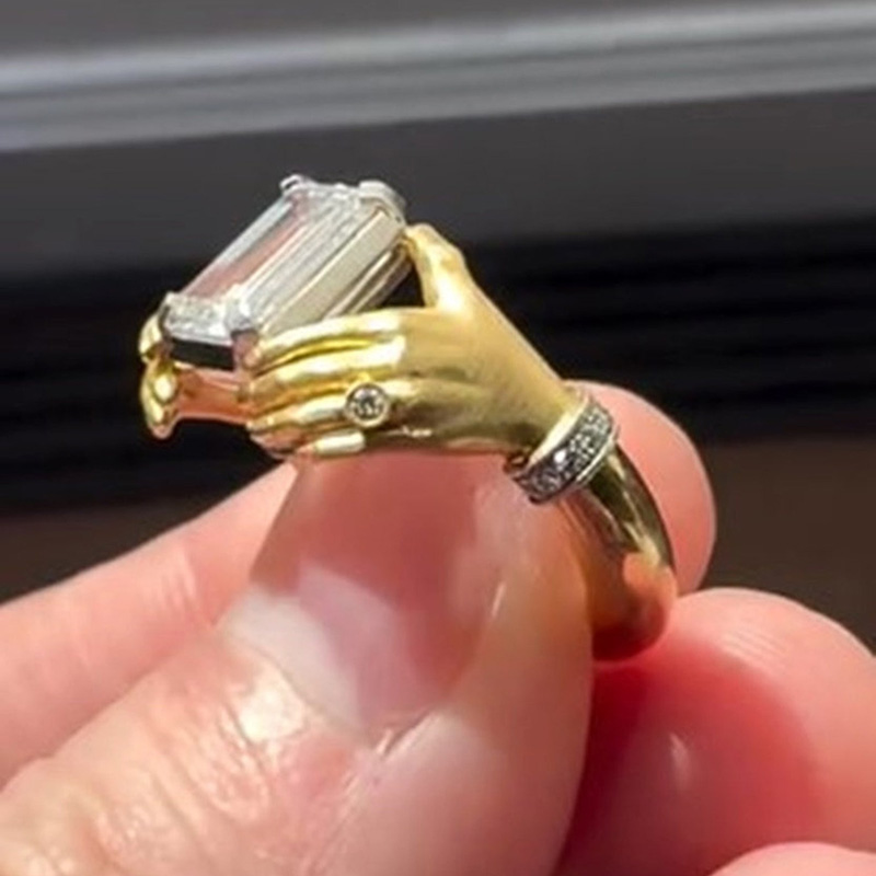 6ct Emerald Cut White Sapphire Bezel Set Adorned Hands Yellow Gold Handmade Vintage Promise Ring