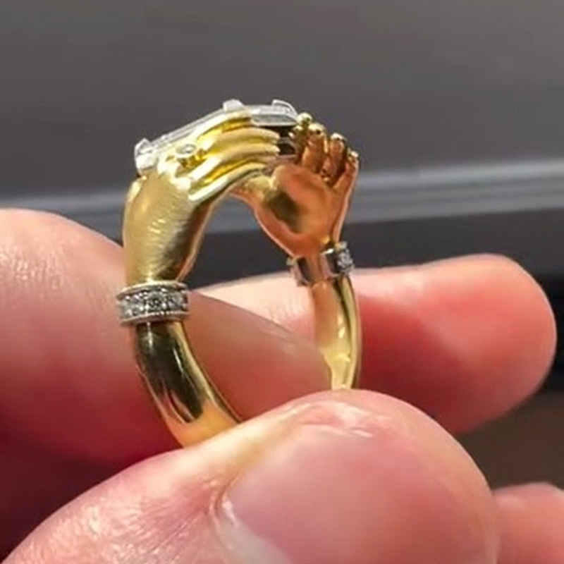 6ct Emerald Cut White Sapphire Bezel Set Adorned Hands Yellow Gold Handmade Vintage Promise Ring