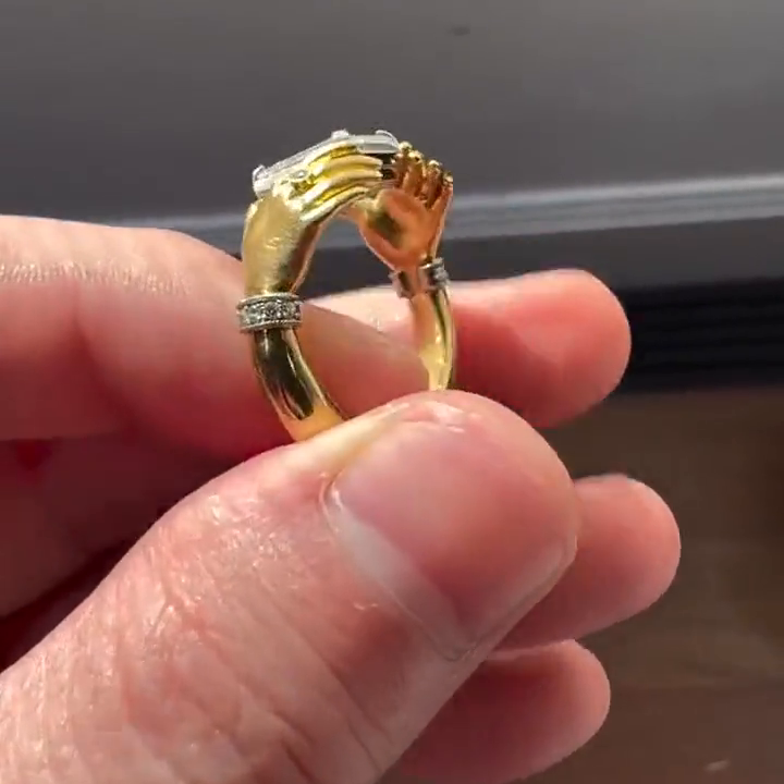 6ct Emerald Cut White Sapphire Bezel Set Adorned Hands Yellow Gold Handmade Vintage Promise Ring