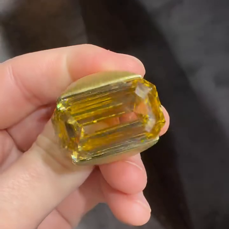 25ct Emerald Cut Yellow Sapphire Yellow Gold Sand-Blasted Handmade Men's Ring