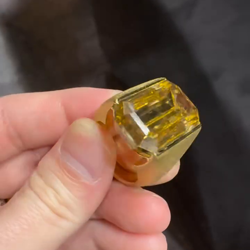 25ct Emerald Cut Yellow Sapphire Yellow Gold Sand-Blasted Handmade Men's Ring