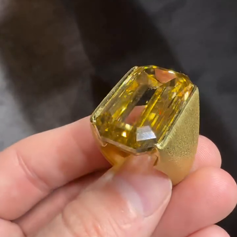 25ct Emerald Cut Yellow Sapphire Yellow Gold Sand-Blasted Handmade Men's Ring