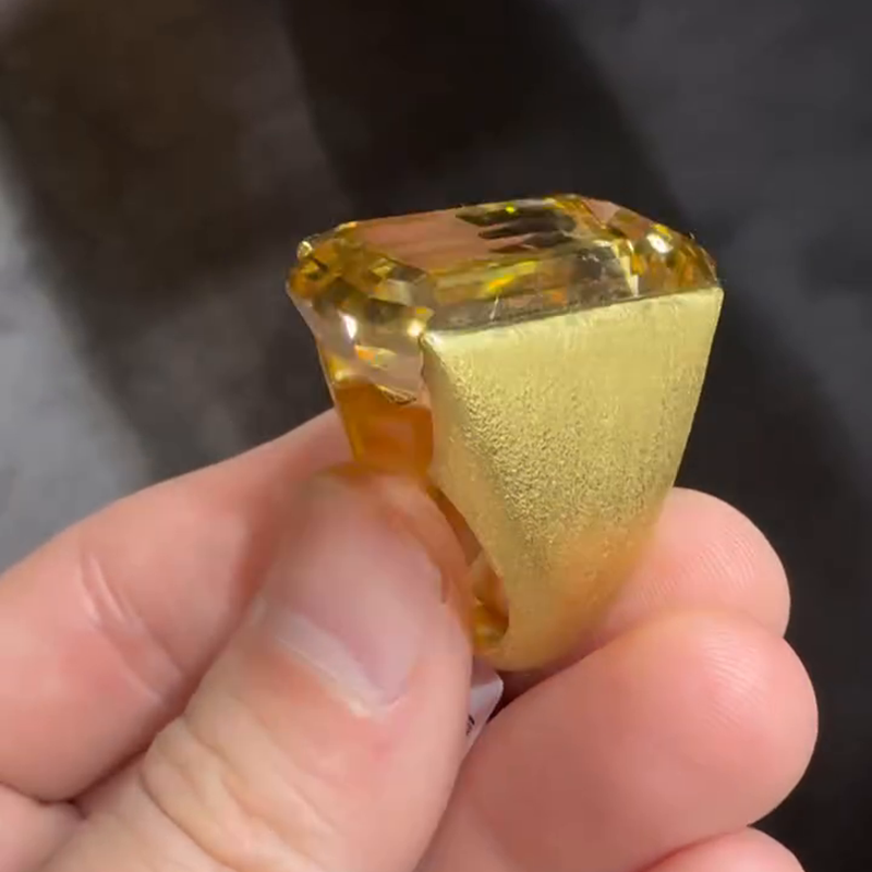 25ct Emerald Cut Yellow Sapphire Yellow Gold Sand-Blasted Handmade Men's Ring