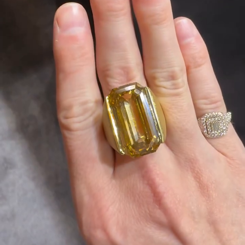 25ct Emerald Cut Yellow Sapphire Yellow Gold Sand-Blasted Handmade Men's Ring