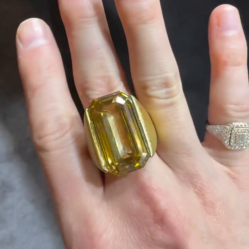 25ct Emerald Cut Yellow Sapphire Yellow Gold Sand-Blasted Handmade Men's Ring