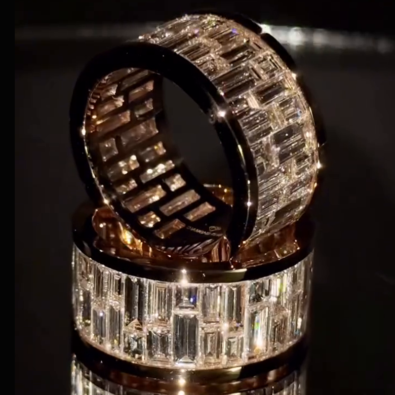 12ctw Baguette Cut White Sapphire Yellow Gold Handmade Men's Band