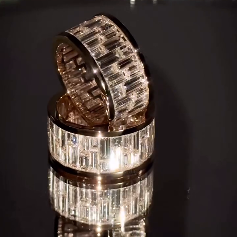 12ctw Baguette Cut White Sapphire Yellow Gold Handmade Men's Band