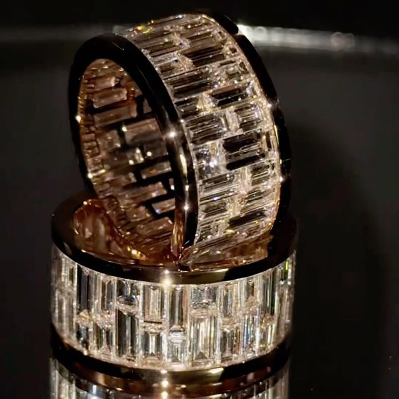 12ctw Baguette Cut White Sapphire Yellow Gold Handmade Men's Band