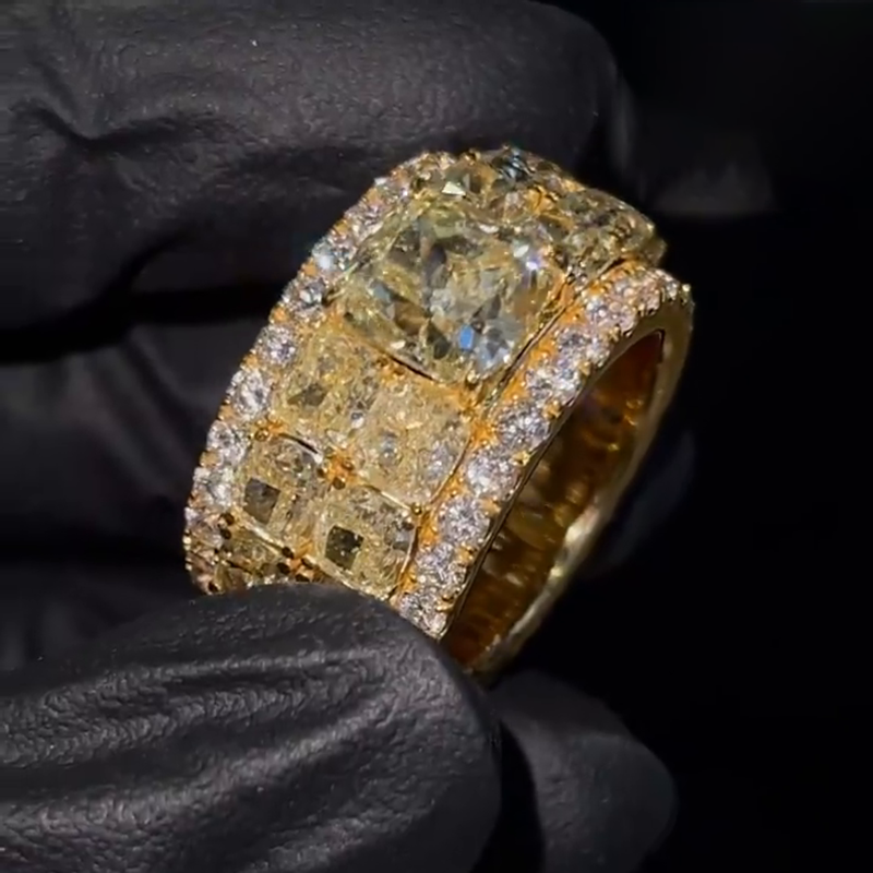 4ct Cushion Cut Yellow Sapphire Full Set Yellow Gold Handmade Men's Ring