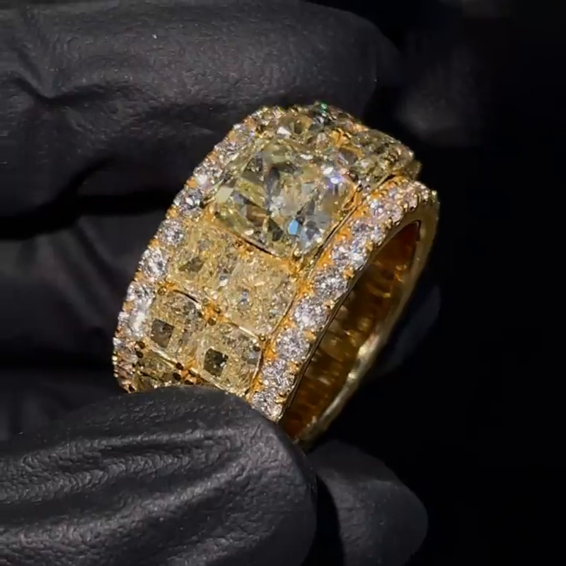 4ct Cushion Cut Yellow Sapphire Full Set Yellow Gold Handmade Men's Ring