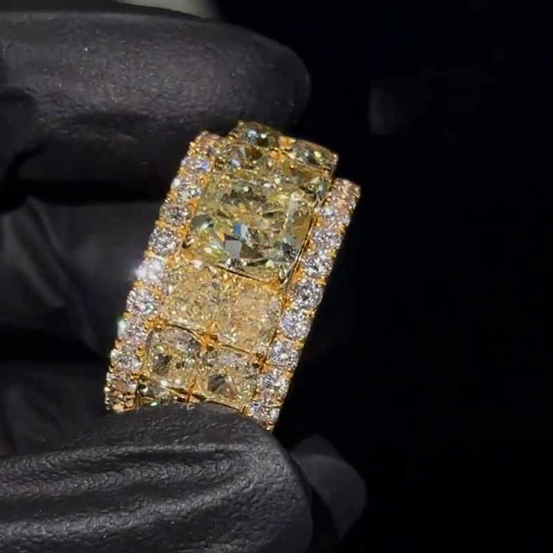 4ct Cushion Cut Yellow Sapphire Full Set Yellow Gold Handmade Men's Ring