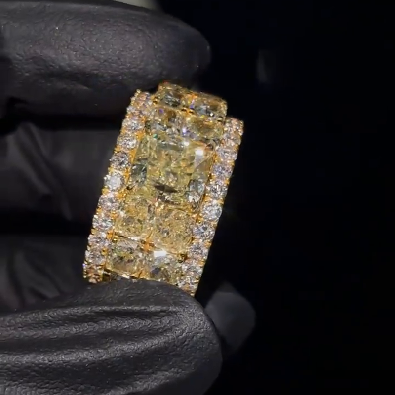 4ct Cushion Cut Yellow Sapphire Full Set Yellow Gold Handmade Men's Ring