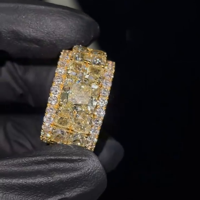 4ct Cushion Cut Yellow Sapphire Full Set Yellow Gold Handmade Men's Ring