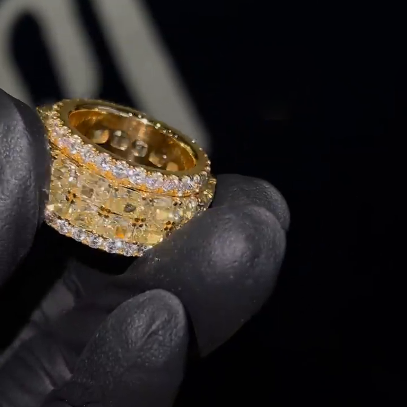 4ct Cushion Cut Yellow Sapphire Full Set Yellow Gold Handmade Men's Ring