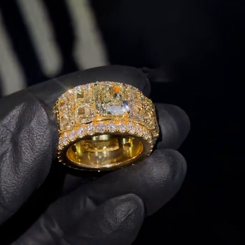 4ct Cushion Cut Yellow Sapphire Full Set Yellow Gold Handmade Men's Ring