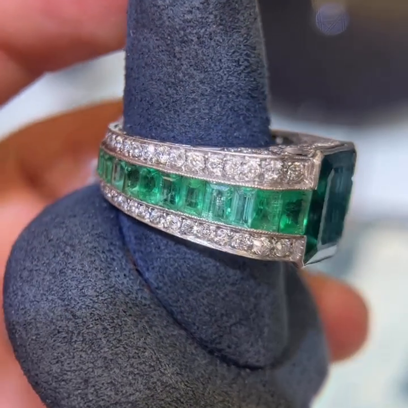 5.5ct Emerald Cut Emerald Green Bezel Set Full Set Handmade Men's Ring