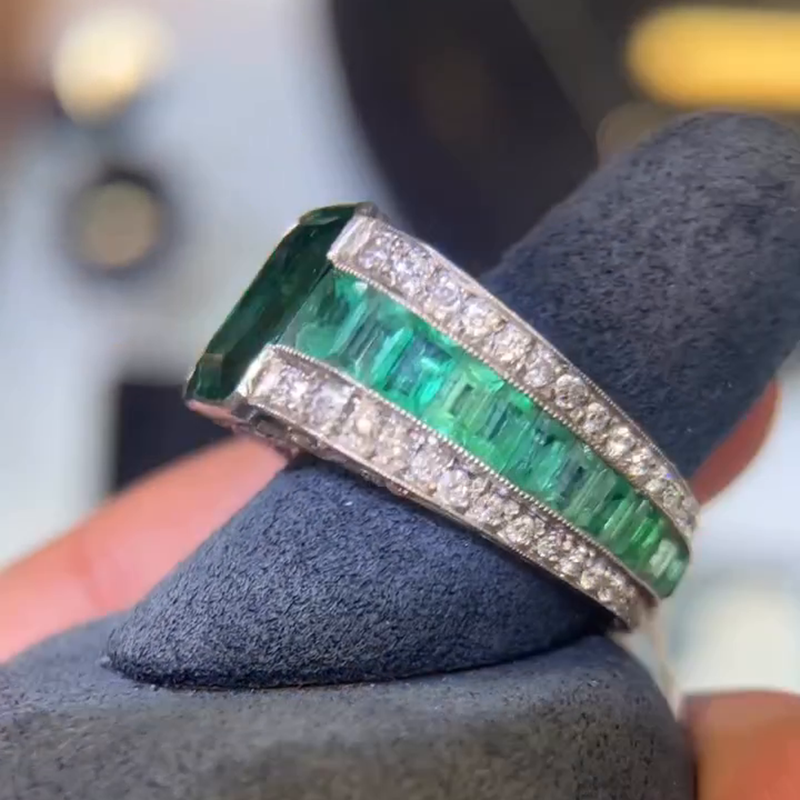 5.5ct Emerald Cut Emerald Green Bezel Set Full Set Handmade Men's Ring