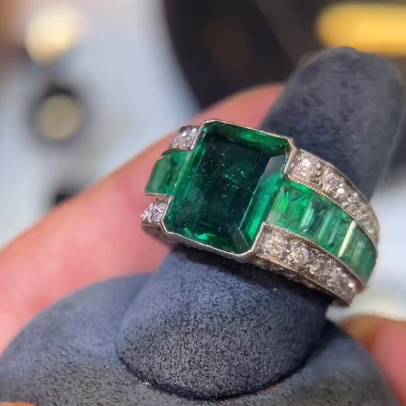 5.5ct Emerald Cut Emerald Green Bezel Set Full Set Handmade Men's Ring