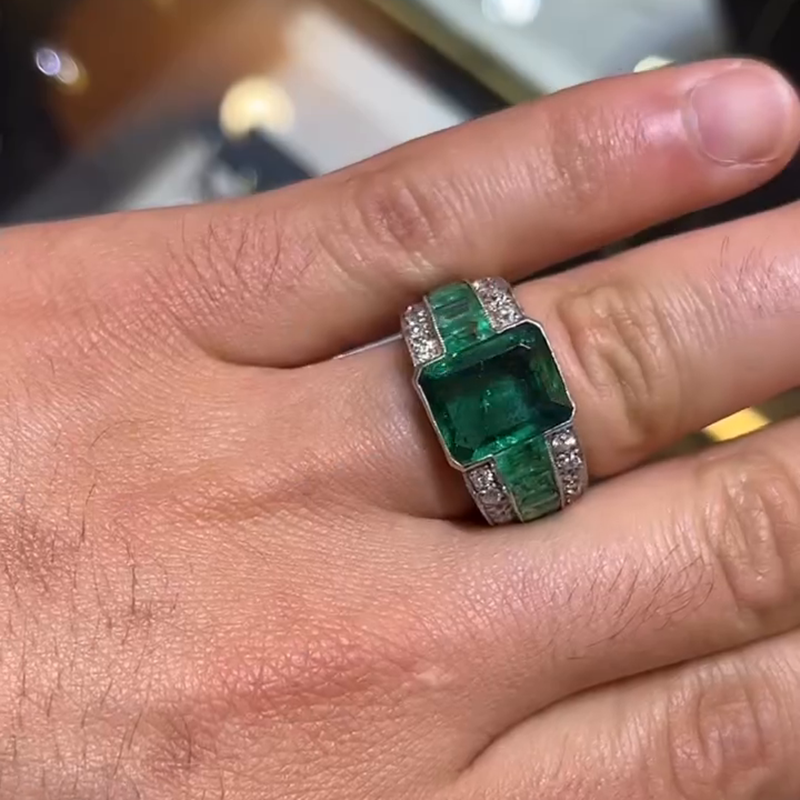 5.5ct Emerald Cut Emerald Green Bezel Set Full Set Handmade Men's Ring