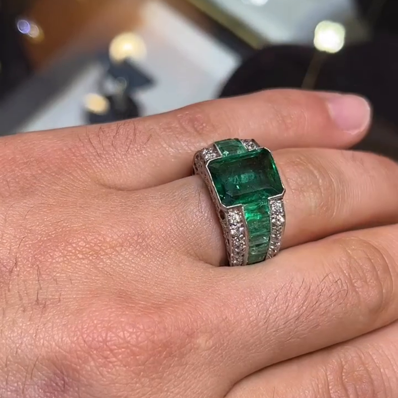 5.5ct Emerald Cut Emerald Green Bezel Set Full Set Handmade Men's Ring