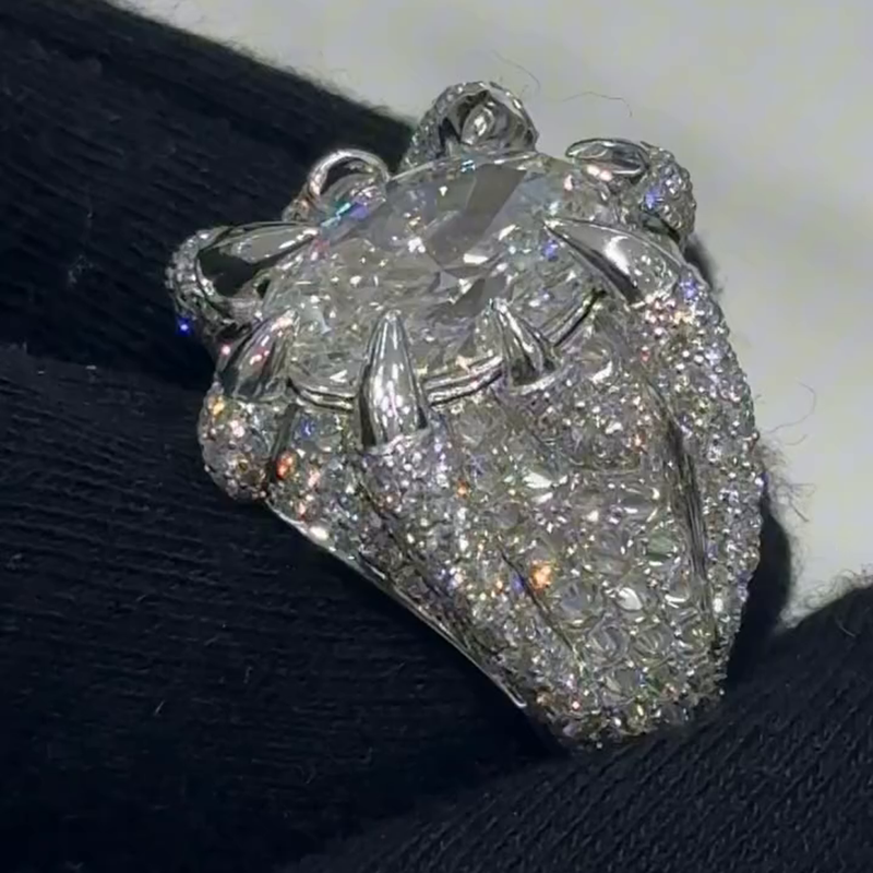 5ct Oval Cut White Sapphire Dragon Claw Handmade Men's Ring