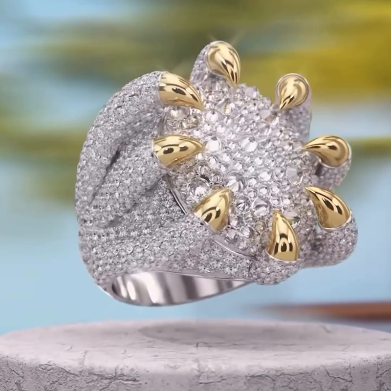 10ctw Round Cut White Sapphire Pave Set Two-Tone Dragon Claw Handmade Men's Ring