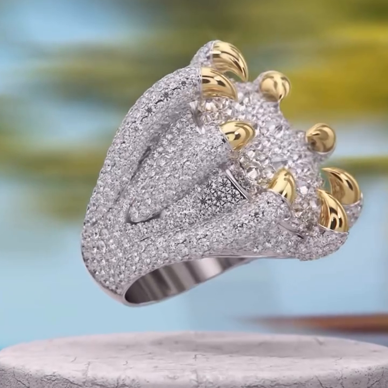 10ctw Round Cut White Sapphire Pave Set Two-Tone Dragon Claw Handmade Men's Ring