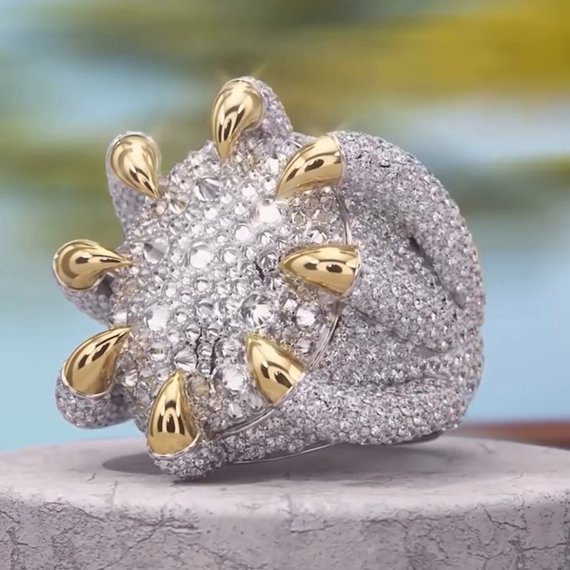 10ctw Round Cut White Sapphire Pave Set Two-Tone Dragon Claw Handmade Men's Ring