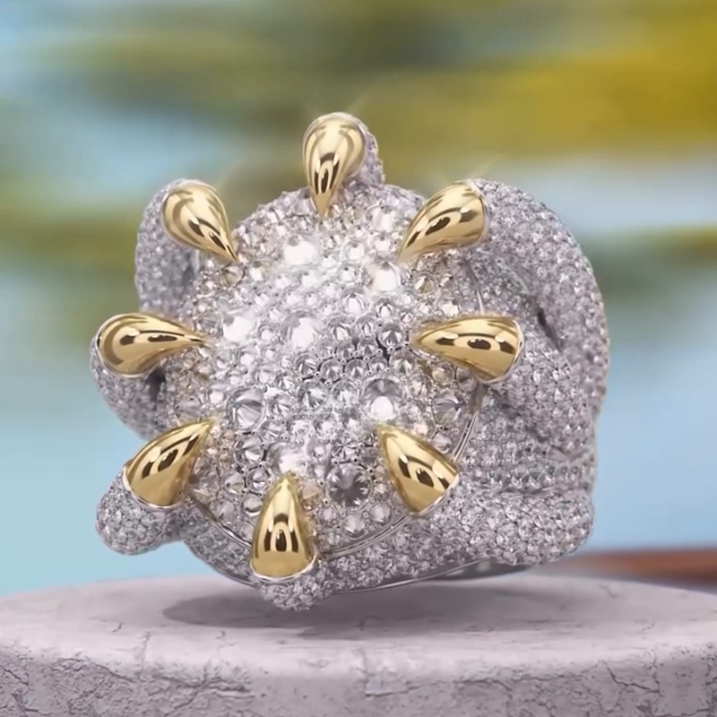 10ctw Round Cut White Sapphire Pave Set Two-Tone Dragon Claw Handmade Men's Ring