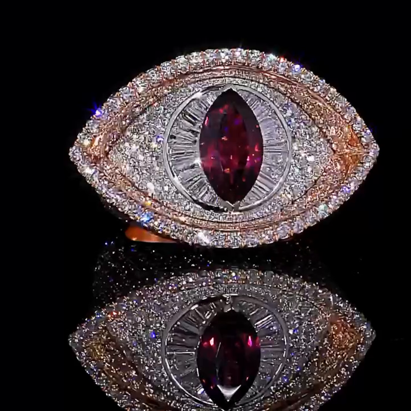 4.5ct Marquise Cut Garnet Pave Set Two-Tone Evil Eye Men's Ring